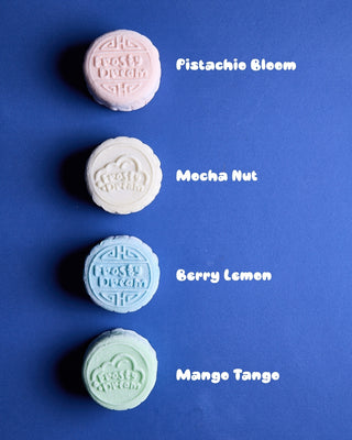 Four snowskin gelato mooncakes in a row, labelled Pistachio Bloom, Mocha Nut, Berry Lemon and Mango Tango.